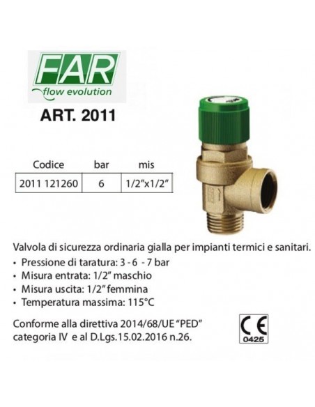 VALVOLA DI SICUREZZA 6 BAR MF 1/2 PER ACQUA CALDA E FREDDA 