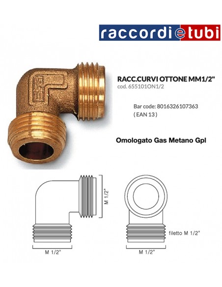 GOMITO OTTONE PER GAS MM OMOLOGATO ART.655101ON1/2