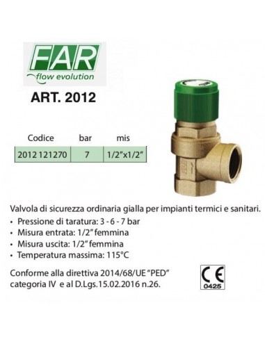 VALVOLA DI SICUREZZA 7 BAR FF 1/2 PER ACQUA...