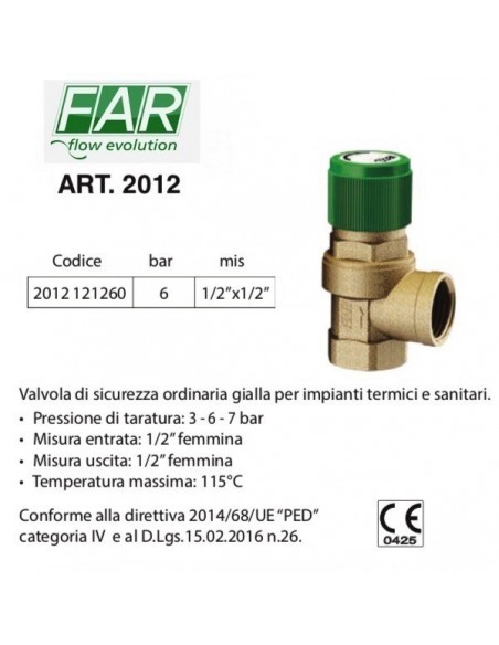 VALVOLA DI SICUREZZA 6 BAR FF 1/2 PER ACQUA CALDA E FREDDA