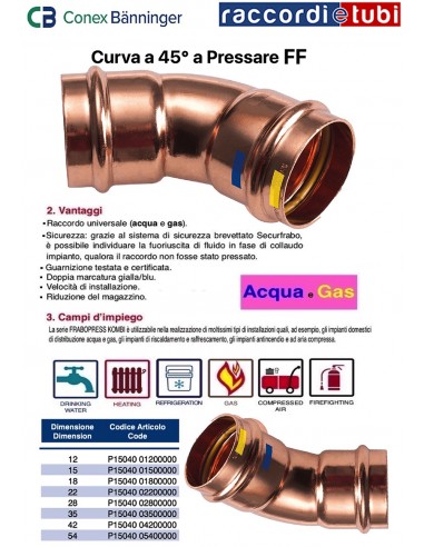 CURVA RAME A PRESSARE 45° FEMMINA FEMMINA 42X42