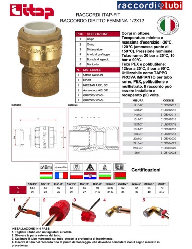 RACCORDO FEMMINA PUSCH 1/2X12 IN OTTONE