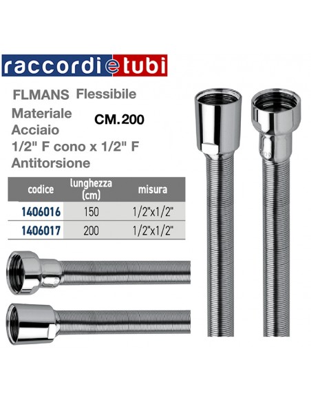 FLESSIBILE DOCCIA  CM.200 IN ACCIAIO INOX ANTITORSIONE  D.1/2''x1/2'' 1406017