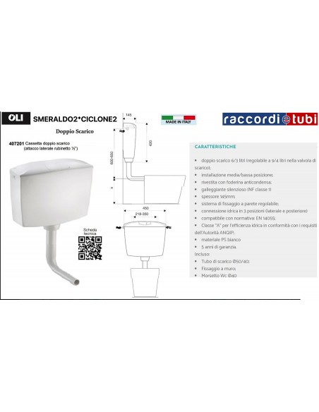 SPÜLKASTEN SMERALDO2*CICLONE2 Doppelter Abfluss 6/3 Liter (einstellbar auf 9/4 Liter) OL0407201