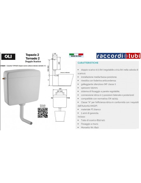 CASSETTA TOPAZIO2*TORNADO 2 Doppio scarico 6/3 litri (regolabile a 9/4 litri).OL0416201