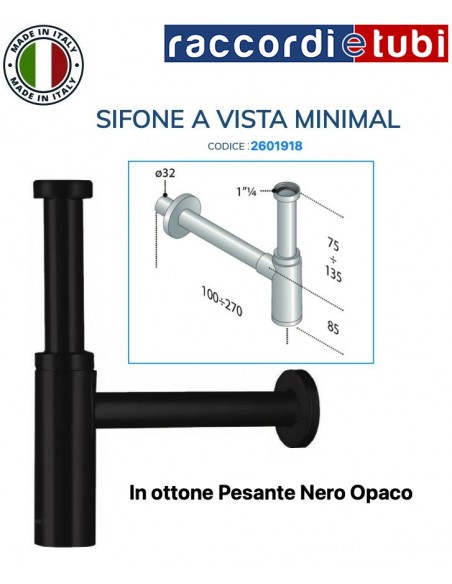 SIFONE CILINDRICO MINIMAL IN OTTONE PESANTE NERO OPACO 1.1/4X32