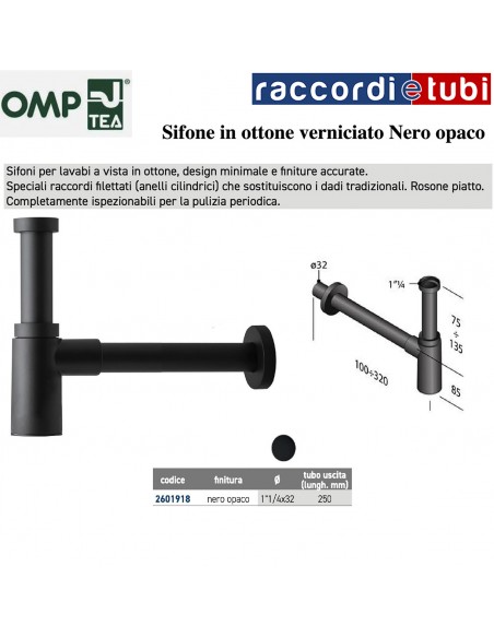 SIFONE CILINDRICO MINIMAL IN OTTONE PESANTE NERO OPACO 1.1/4X32