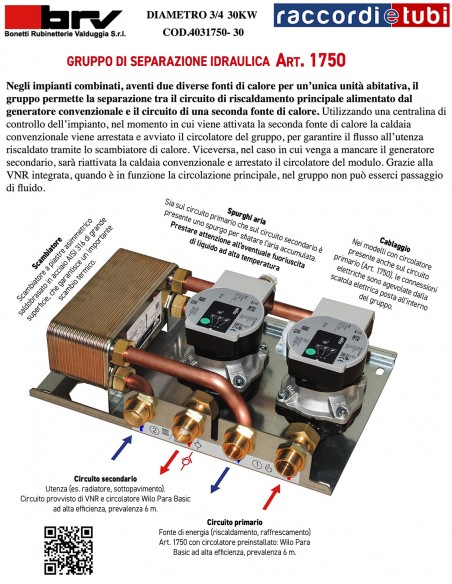 GRUPPO DI SEPARAZIONE CIRCUITI BRV 30KW CON DUE CIRCOLATORI  4031750-30