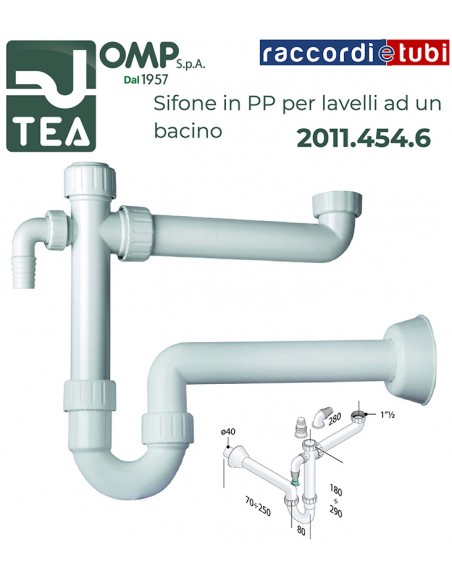 SIFONE IN PP D.11/2''x40mm 1 BACINO 2 ATTACCACHI LAVATRICE/ lavastoviglie