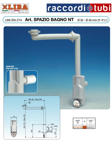 SIFONE LIRA SPAZIO BAGNO NT  SCARICO 32X1.1/4 SCARICO 40 A.8274.01