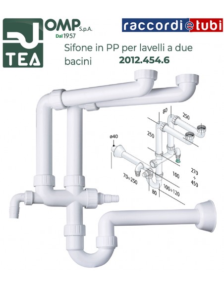 SIFONE IN PP D.11/2''x40mm 2 BACINI 2 ATTACCHI LAVATRICE/LAVASTOVIGLIE