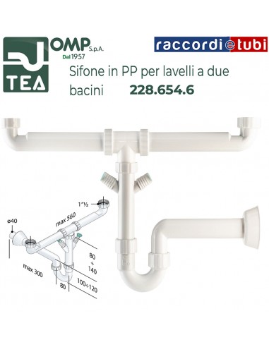 SIFONE IN PP D.11/2''x40mm 2 BACINI CON ATTACCO...