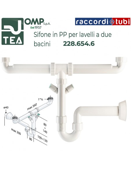 SIFONE IN PP D.11/2''x40mm 2 BACINI CON ATTACCO LAVATRICE/LAVASTOVIGLIE