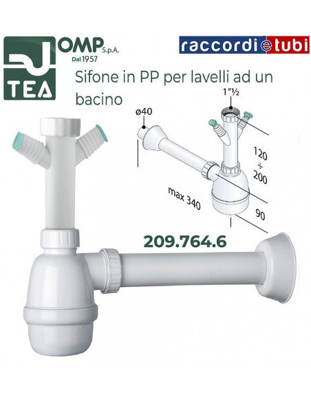 SIFONE IN PP A BOTTIGLIA  1 BACINO D.11/2''x40mm ATTACCHI LAVATRICE/LAVASTOVIGLIE