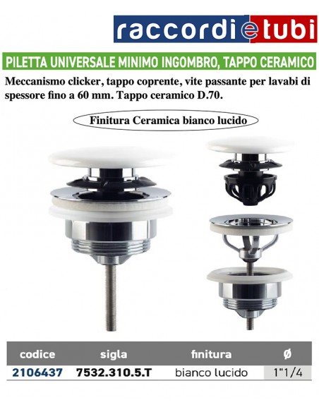 WEIßE AUTOMATISCHE ABLAUFBORSE FÜR WASCHBECKEN-BIDET 11/4''X70mm