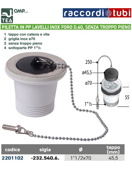 PILETTA IN PP PER LAVELLI INOX 11/2''x70 SENZA TROPPOPIENO TAPPO mm.45,5