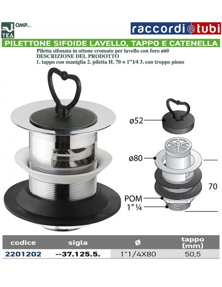 PILETTONE SIFOIDE LAVELLO D.11/4''x80mm IN OTTONE CROMATO