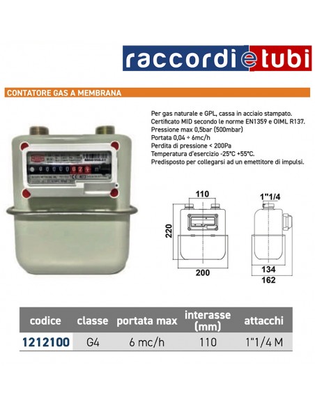 CONTATORE GAS CLASSE G4 MID 6mc/h 1''1/4 PER GAS METANO E GPL