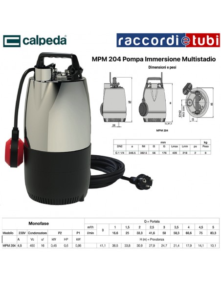 ELETTROPOMPA CALPEDA HP.0,60 IMMERSIONE MPM 204 230V