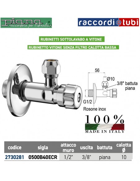 RUBINETTO SOTTOLAVABO A VITONE 1/2X10 SENZA FILTRO CALOTTA BASSA