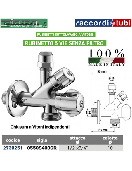 RUBINETTO SOTTOLAVABO A 5 VIE 1/2''x3/4''x10mm