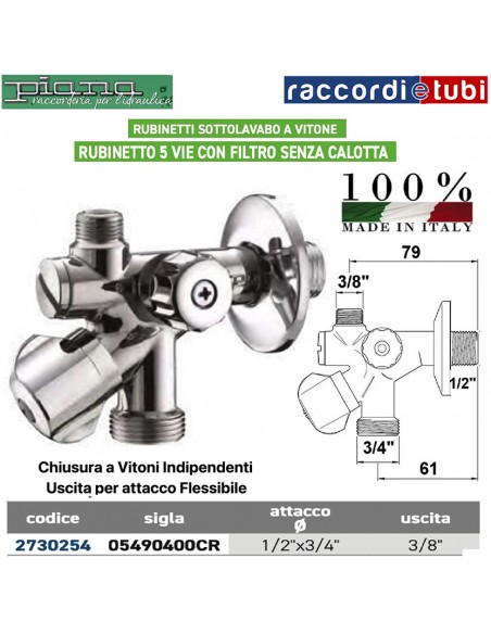 RUBINETTO SOTTOLAVABO A 5 VIE 1/2''x3/4''x3/8