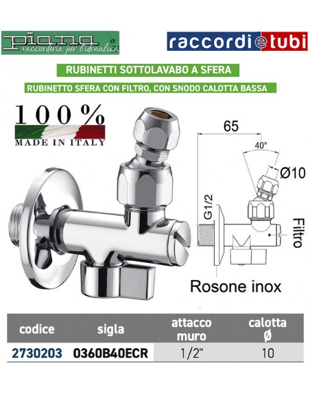RUBINETTO SOTTOLAVABO A SFERA 1/2X10 CON FILTRO E SNODO CALOTTA BASSA