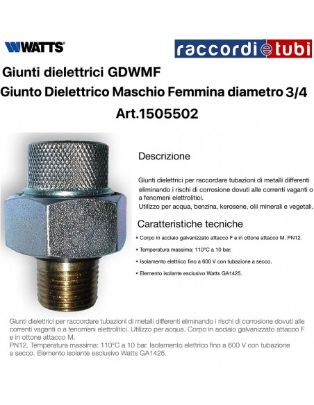 DIELEKTRISCHES WASSERANSCHLUSSGEWINDE MÄNNLICH WEIBLICH 3/4