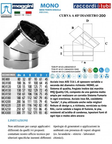 DE MARINIS INOX MAGGINI CURVA 45° D.200