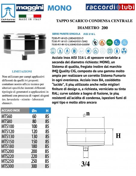 DE MARINIS INOX MAGGINI TAPPO SCARICO CONDENSA D.200