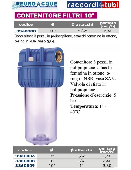 CONTENITORE PER FILTRI DA  10'' ATTACCO 3/4''