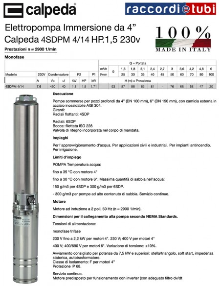 ELETTROPOMPA CALPEDA HP.1,5 4" 4SDPM 4/14C  220V