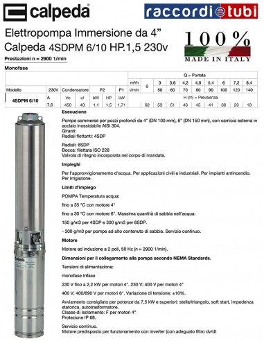ELETTROPOMPA CALPEDA HP.1,5 4" 4SDPM 6/10C 220V