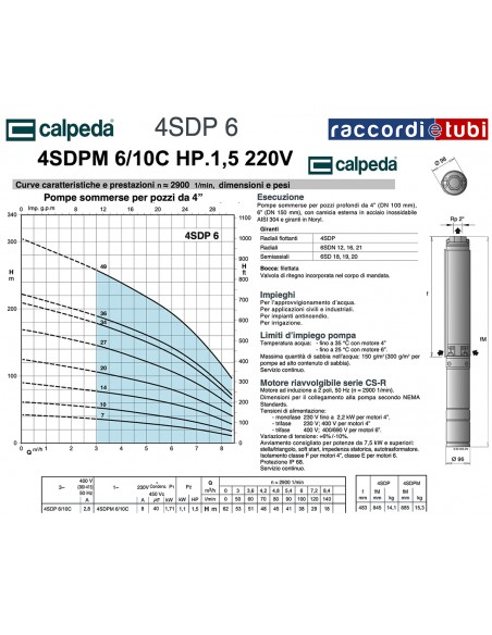 ELETTROPOMPA CALPEDA HP.1,5 4" 4SDPM 6/10C 220V