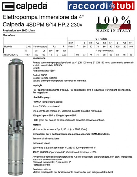 ELEKTROPUMPE CALPEDA HP.2 4" 4SDPM 6/14C 220V