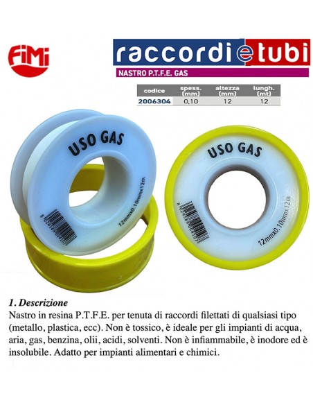 NASTRO TEFLON P.T.F.E SP.0,1mm ROT.12mt h.12mm GAS BIANCO