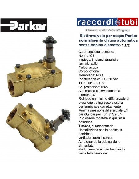 ELETTROVALVOLA PARKER SENZA BOBINA IN OTTONE PER ACQUA 1.1/2