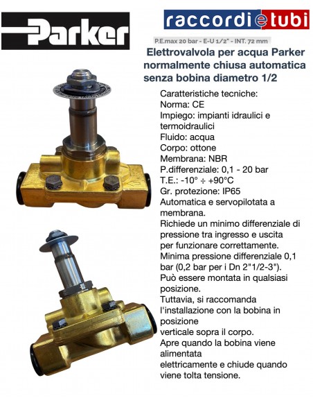 ELETTROVALVOLA PARKER SENZA BOBINA IN OTTONE PER ACQUA 1/2