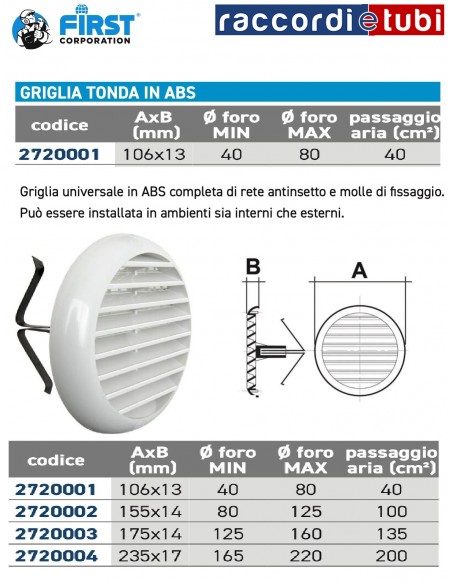 GRIGLIA TONDA IN ABS BIANCA DIAMETRO 106 ESTERNO