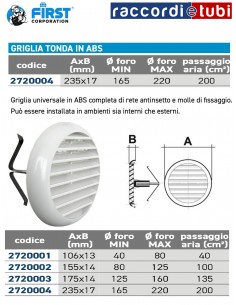 GRIGLIA TONDA IN ABS BIANCA DIAMETRO 235 ESTERNO