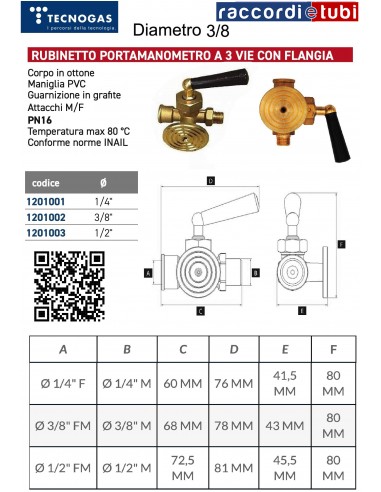 DREHHAHN FÜR MANOMETER 3/8 MF MIT 3 WEGEN UND...