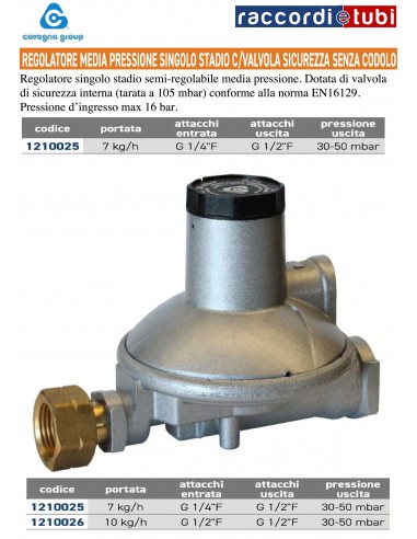 REGOLATORE MEDIA PRESSIONE 7kg SINGOLO STADIO...