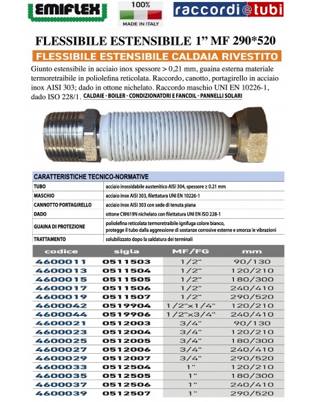FLESSIBILE ESTENSIBILE 290*520 1" MF RIVESTITO