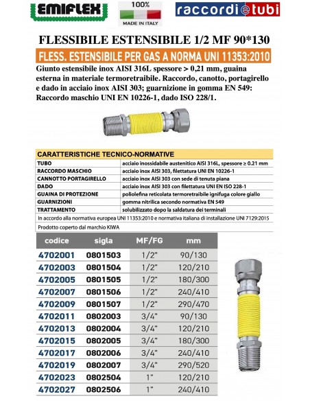 DEHNBARER FLEXIBLER SCHLAUCH 90*130 1/2 MF GAS BESCHICHTET