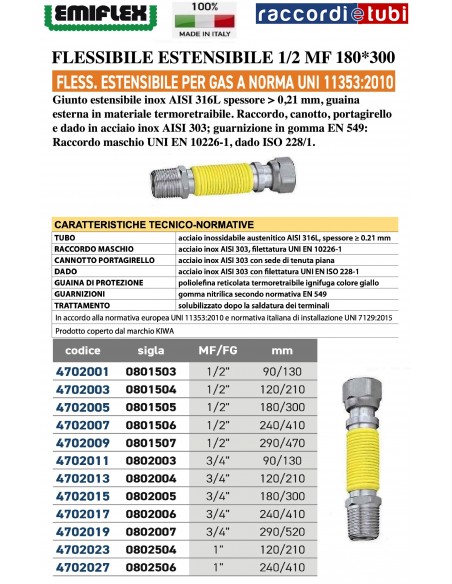 DEHNBARES FLEXIBLES SCHLAUCH 180*300 1/2 MF GAS BESCHICHTET
