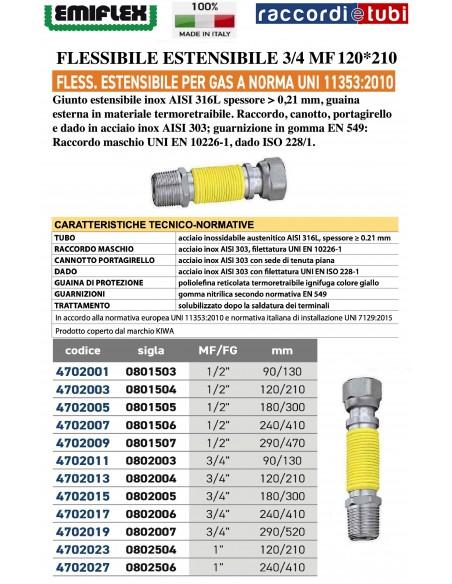 DEHNBARES FLEXIBLES SCHLAUCH 120*210 3/4 MF GAS ÜBERZOGEN