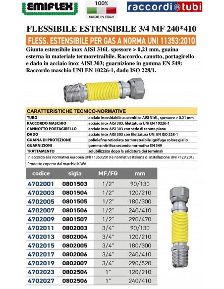 DEHNBARES FLEXIBLES MIT 240*410 3/4 MF GAS BESCHICHTET