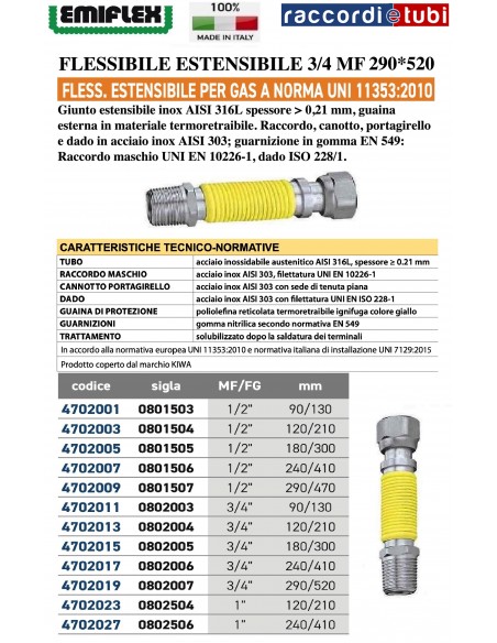 DEHNBARER FLEXSCHLAUCH 290*520 3/4 MF GAS BESCHICHTET