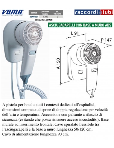 ASCIUGACAPELLI 1200W CON BASE A MURO IN ABS BIANCO