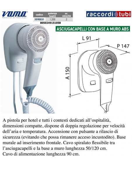 ASCIUGACAPELLI 1200W CON BASE A MURO IN ABS BIANCO